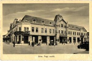 Léva, Levice; Nagyszálloda, autóbusz, automobil, kerékpár, csendőr, üzletek. Hajdú foto / hotel, autobus, automobile, bicycle, gendarme, shops (EB)