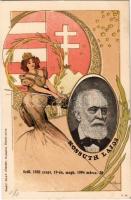 1802-1894 Kossuth Lajos szecessziós litho gyászlapja. Blau József kiadása / Obituary card of Lajos Kossuth. Art Nouveau, litho s: Basch Árpád