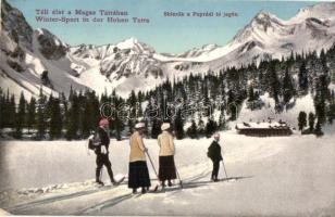 1915 Tátra, Magas Tátra, Vysoké Tatry;  Téli sport élet a Magas Tátrában, síelők (skíezők) a Poprádi-tó jegén. Dr. Guhr Mihály felvétele / Wintersport in der Hohen Tatra / winter sport, skiing people on Popradské pleso (EK)