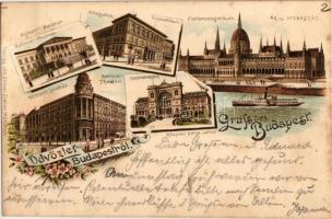 1893 (Vorläufer!) Budapest, Nemzeti múzeum és színház, Központi pályaudvar, Új országház, Műegyetem. Otmmar Zieher floral, litho   (fl)