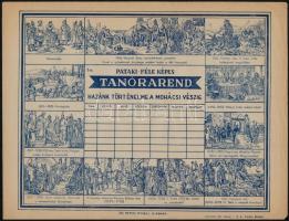 cca 1930 Használatlan Pataki-féle képes tanórarend, hazafias szövegekkel és ábrákkal, 5 db