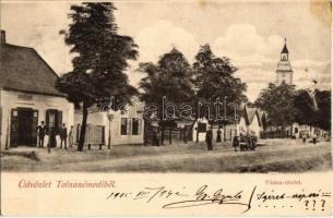 1905 Tolnanémedi, Fő utca részlete, templom, üzlet