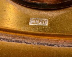 Likőrös készlet. Ezüstözött réz tartó (kopott) üvegpoharakkal és likőrös/pálinkás üveggel m: 35 cm