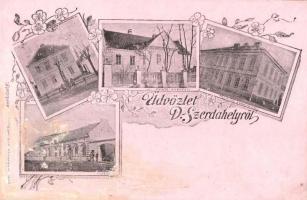 Dunaszerdahely, Dunajská Streda; Fehér kastély, M. kir. adóhivatal, Római katolikus iskola, Takarékpénztár, kaszinó. Kiadja Goldstein Józsua / castle, tax office, Catholic school, savings bank, casino. Art Nouveau, floral (r)