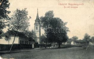 1909 Nagymegyer, Velky Meder; utcakép, Református templom. W. L. (?) 101. / street view with Calvinist church (EM)