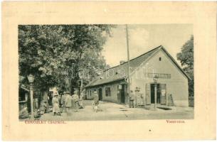 1911 Csap, Chop; Vasút utca, Sermer Sámuel üzlete, létra. W. L. Bp. 5680. Kiadja Glück Imre / Railway street, shop, ladder (vágott / cut)