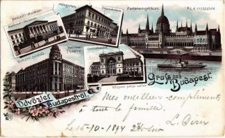 1894 (Vorläufer!) Budapest, Nemzeti múzeum és színház, Központi pályaudvar, Új országház, Műegyetem. Otmmar Zieher floral, litho (kis szakadás / small tear)