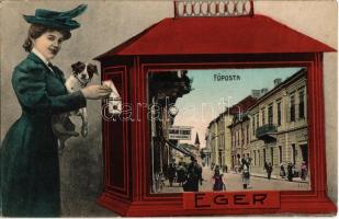 Eger, Főposta, Sarkady Ferenc úri ruhaüzlete. Montázs postaládával és hölggyel ölében kiskutyával