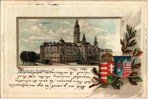 1901 Győr, Városház. Passepartoutkarte Nitsmann J. kiadása. Magyar címeres dombornyomott litho / Coat of arms, Emb. litho