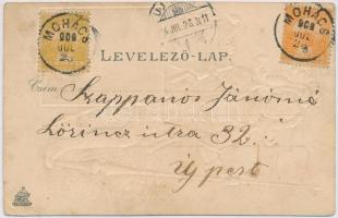 1904 Mohács, II. Lajos király szobra a Csele pataknál. Dombornyomott címeres és zászlós litho, kiadj...