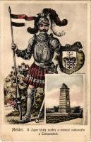 Mohács, II. Lajos király szobra a Csele pataknál. Címeres és zászlós művészlap, kiadja Pollák Róbert