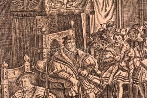 cca 1645 Augsburg 1530: az Ágostai hitvallás felolvasása. Nagyméretű rézmetszet. Mich. Herz Figurau ...