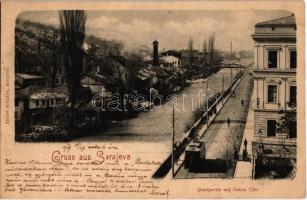 1899 Sarajevo, Quaipartie mit linken Ufer. Atelier Schädler / quay, tram