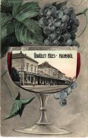 1909 Füzesabony, Vasútállomás. Montázs boros pohárral és szőlővel / Bahnhof / railway station. Montage with a glass of wine and grapes