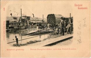 1899 Gombos, Bogojeva; Gőzkomp Erdőd és Gombos között, állomás kotróhajóval. Schön Adolf kiadása / Donau-Dampfschiffähre / steam ferry with locomotive and dredge (EK)