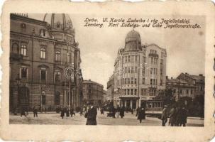 1915 Lviv, Lwów, Lemberg; Ul Karola Ludwika i róg Jagiellónskiej / Karl Ludwigs- und Ecke Jagellonerstraße / street view with tram, shops (EK)