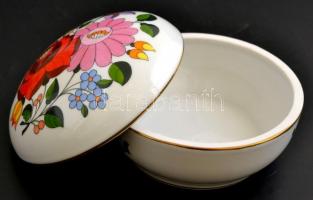 Kalocsai virágmintás porcelán bonbonier, kézzel festett, hibátlan, jelzett (kopott), d: 12 cm, m: 8 ...