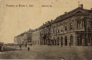 1909 Bród, Nagyrév, Slavonski Brod, Brod na Savi; Jelacicev trg / Jellasics tér, üzletek. W. L. Bp. 4993. / square with shops (EB)