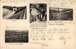 1913 Abaliget, vasúti alagút és híd, Cseppkő-barlang bejárata. Abonyi Vilmos kiadása