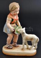 Heinz kislány a báránnyal, kézzel festett, jelzett, kopott, m:17,5 cm