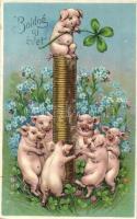 1913 Boldog újévet! / New Year greeting with pigs, clovers, gold. litho