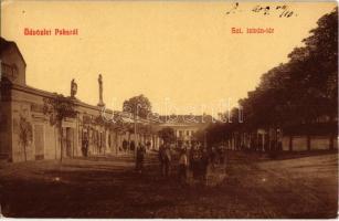 1909 Paks, Szent István tér, Erzsébet nagy szálloda, Bazársor tetején Szent Vendel, Szent Flórián és Nepomuki Szent János szobra, Mandl üzlete. W.L. 752.a.