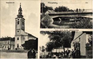 1928 Pincehely, Templom tér, híd, Tanos János üzlete, utca