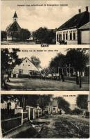 1929 Sand, Hangya fogyasztási szövetkezet üzlete, Evangélikus templom, iskola és lelkészlak, utcaképek (EK)