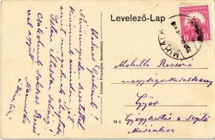 1929 Sand, Hangya fogyasztási szövetkezet üzlete, Evangélikus templom, iskola és lelkészlak, utcakép...