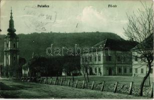 1917 Pelsőc, Plesivec; Fő tér, templom, vendéglő, városháza. Pártos Mór kiadása / main square, church, restaurant, town hall (EK)