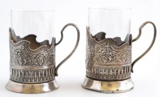 2 db retró fém szovjet pohártartó, üvegbetéttel, d: 6,5 cm