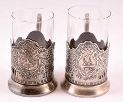 2 db retró fém szovjet pohártartó, Auróra és űrhajózás motívummal, üvegbetéttel, d: 6,5 cm