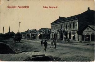 1912 Pankota, Pancota; Csíky Gergely út, Lengyel Sándor és Schubert és társai üzlete. W.L. 5420. / street view with shops (EK)