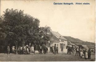 Retteg, Reteag; Fő tér, piac árusokkal, Leon Antal üzlete / main square with market and shop