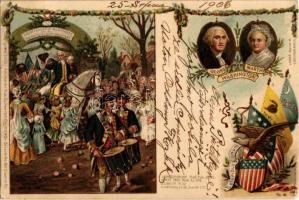 1906 George Washington and his wife Martha. Kattlesnake, Pine Tree, Liberty and National flags. Langer Serie II. Lschwalbach floral, litho
