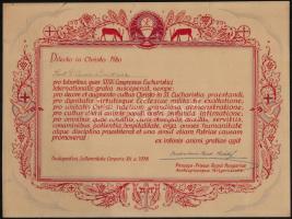 1938 Serédi Jusztinián bíboros nyomtatott aláírásával ellátott dekoratív oklevél, amelyben megköszönik a 38. Eucharisztikus Kongresszus sikeres lebonyolításában való részvételt