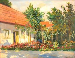 Radnay József (1896-1963): Házudvar virágos kerttel. Olaj, karton, jelzett, keretben, 39×50 cm