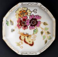 Zsolnay pillangó mintás tégely, kézzel festett, jelzett, d:9 cm, m:4,5 cm