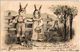 1903 Húsvéti Üdvözlet / Easter greeting art postcard with children dressed in rabbit costume. Emb. litho