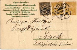 1903 Húsvéti Üdvözlet / Easter greeting art postcard with children dressed in rabbit costume. Emb. l...