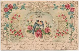 1903 Embossed litho floral greeting art postcard with birds (EK)
