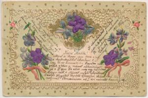 1901 Embossed litho floral greeting art postcard. silk card (EK)