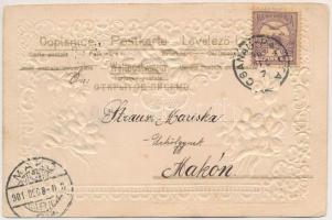 1901 Embossed litho floral greeting art postcard. silk card  (EK)