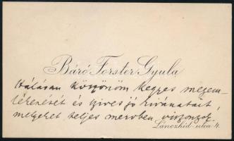 cca 1912 Báró Forster Gyula (1846-1932) főrendiházi tag, szakíró, MTA-tag névjegye saját kézzel írt köszönő soraival