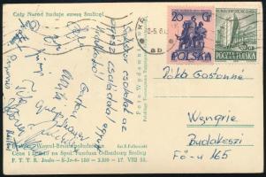 1961 Róka Gaston és magyar férfi röplabda válogatott tagjainak aláírása képeslapon Varsóból