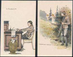 2 db RÉGI használatlan studentika művészlap albumlapon; A Selmeci diákéletből XXI. és XIX. / 2 unused pre-1945 studentica art postcard on album sheet