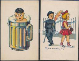 2 db RÉGI studentika művészlap albumlapon; A Soproni diákéletből XXII. és XXVIII. / 2 pre-1945 studentica art postcard on album sheet
