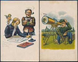 2 db RÉGI studentika művészlap albumlapon; A Soproni diákéletből XX. és XXVII. / 2 pre-1945 studentica art postcard on album sheet