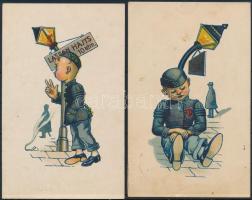 2 db RÉGI studentika művészlap albumlapon; A Soproni diákéletből XXV. és XXXII. / 2 pre-1945 studentica art postcard on album sheet