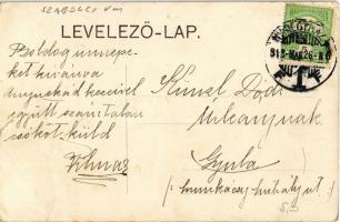 Nyíregyháza, Korona szálloda. postaláda montázs kutyát tartó hölggyel (szakadás / tear)